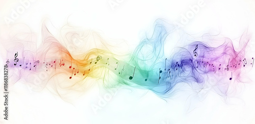 Colorful music notes vector background with a musical staff and sound waves, isolated on a white background.
