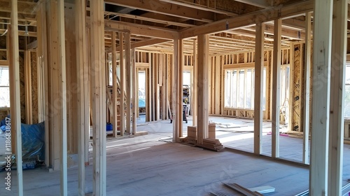 InProgress Home Construction with Exposed Wood Framing and Sunlit Interior : Generative AI photo