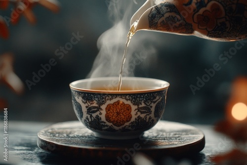 A close-up of a hand pouring green tea into a traditional Uzbek piala (teacup) at a chaikhana photo