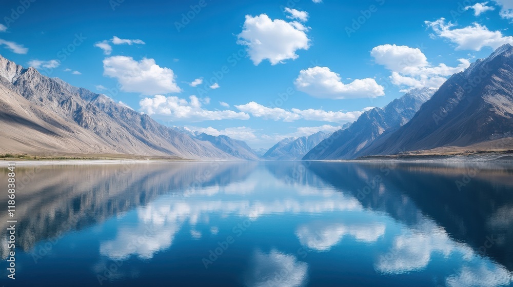 Calm lake with jagged mountains and blue sky reflection Calm lake with jagged mountains and blue sky reflection