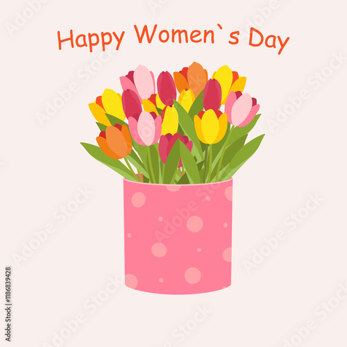 Greeting card with a bouquet of tulips for March 8 isolated on a light background. Vector. Flat style.