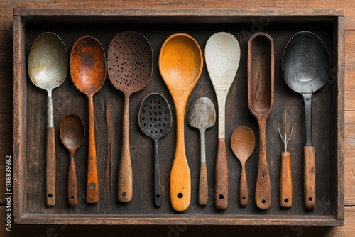 A collection of vintage utensils displayed in a shadow box frame, adding a touch of nostalgia to the wall photo