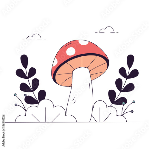 Colorful Cartoon Mushroom Illustration with Nature Elements