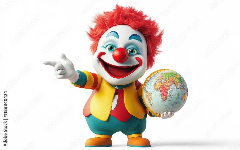 Knowledgeable 3D emoji clown face with a red nose, teal eyes, holding a globe and pointing to a map, simple design Knowledgeable 3D emoji clown face with a red nose, teal eyes, holding a globe and pointing to a map, simple design