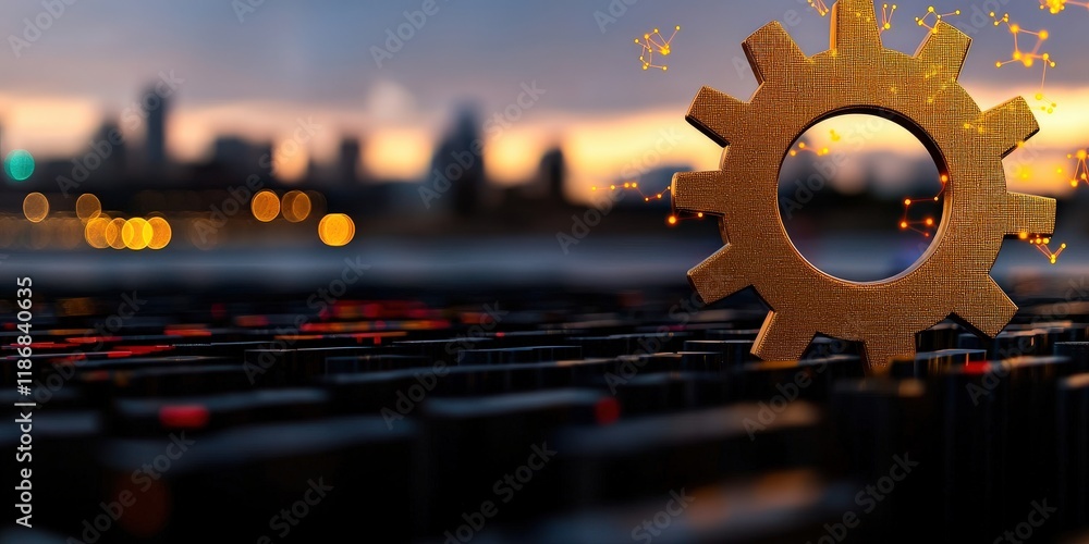 Fototapeta premium innovation vision goals visionary. Golden gear on a keyboard with a city skyline blurred in the background, suggesting innovation and technology.