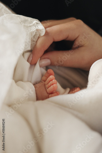 Newborn baby's legs with mother's hand. mothers day.High quality photo