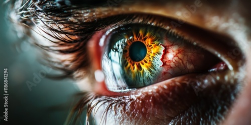 Close up of a man s eye showing a hemorrhage with a burst vessel, highlighting the significance of eye health and the impact of eye conditions like hemorrhage on vision quality. photo