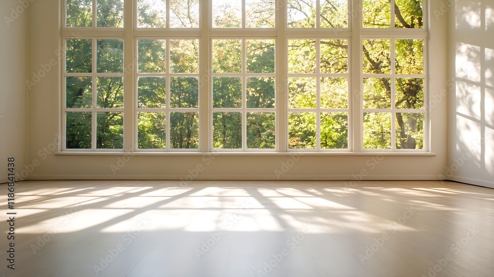 Sunlit Spacious Room with Large Windows Overlooking Greenery : Generative AI Sunlit Spacious Room with Large Windows Overlooking Greenery : Generative AI