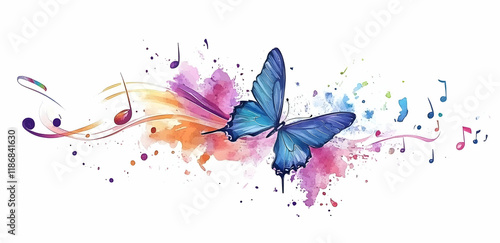 Colorful music notes and butterfly vector illustration design on a white background, with musical elements featuring watercolor splashes, 
