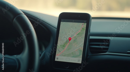 Gps navigation app displayed on a smartphone mounted on the car's dashboard, providing real time location and route guidance for the driver photo