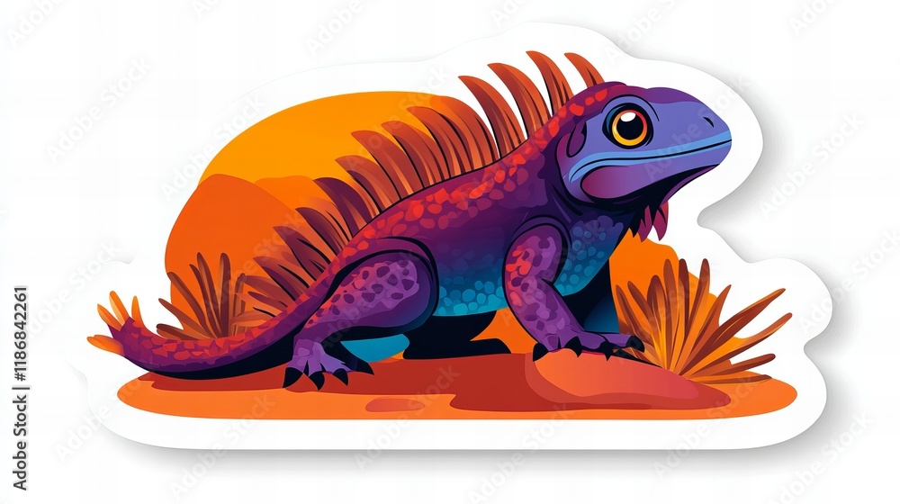 Fototapeta premium Vibrant purple and orange lizard sticker design. Perfect for adding a tropical touch to your belongings!