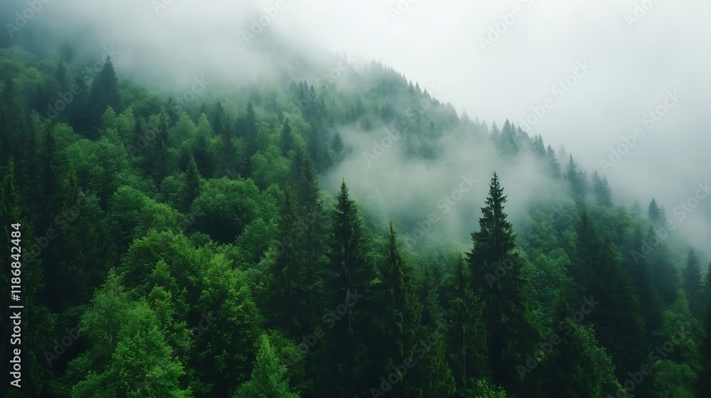 Majestic Pine Forest Covered in Mist on Foggy Morning under Cloudy Sky : Generative AI Majestic Pine Forest Covered in Mist on Foggy Morning under Cloudy Sky : Generative AI