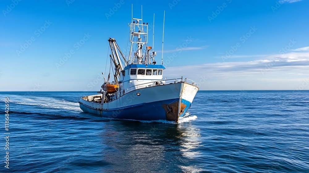 Fishing Trawler Navigating Open Blue Ocean Waters Under Clear Skies : Generative AI Fishing Trawler Navigating Open Blue Ocean Waters Under Clear Skies : Generative AI