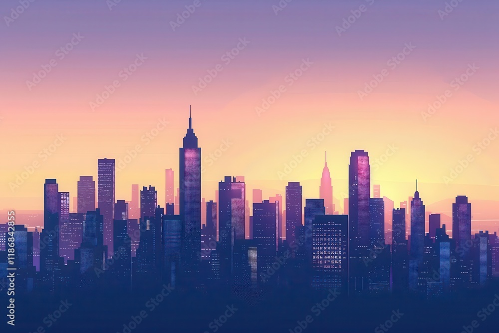 A vibrant city skyline at sunset, showcasing tall buildings against a colorful sky. A vibrant city skyline at sunset, showcasing tall buildings against a colorful sky.