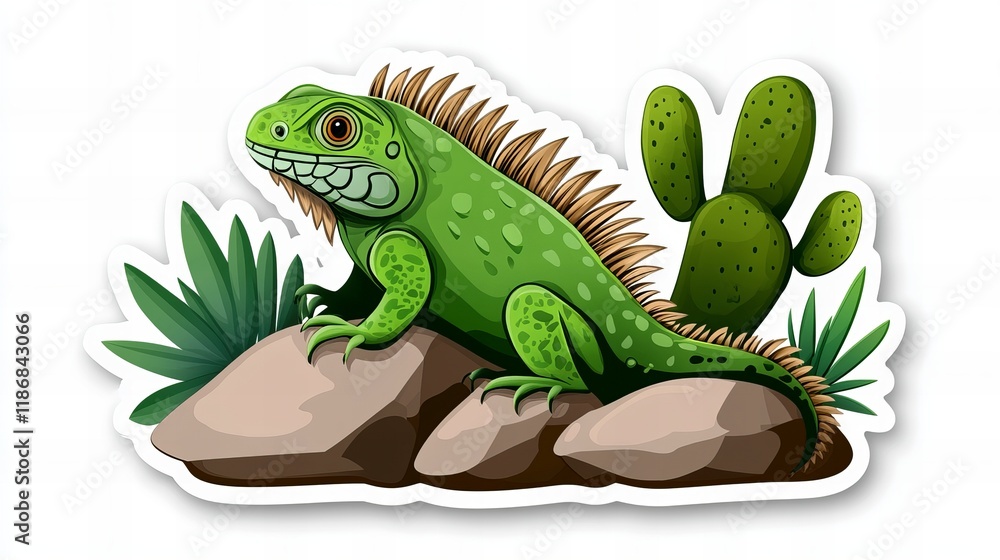 Fototapeta premium Green iguana basking on rocks in a desert-like setting, surrounded by cacti and lush green plants.