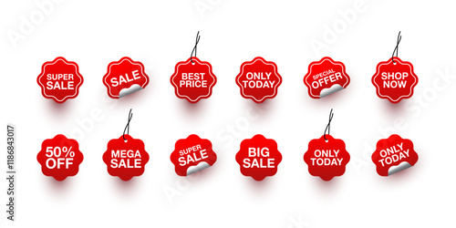 Collection of red stickers or vector sale icons. Sale, shop now, only today, special offer, best price, Sale, 50% off, big sale