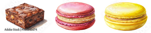 Colorful macarons, rich brownie, watercolor style, dessert illustration, sweet treats, gourmet pastries, food art.