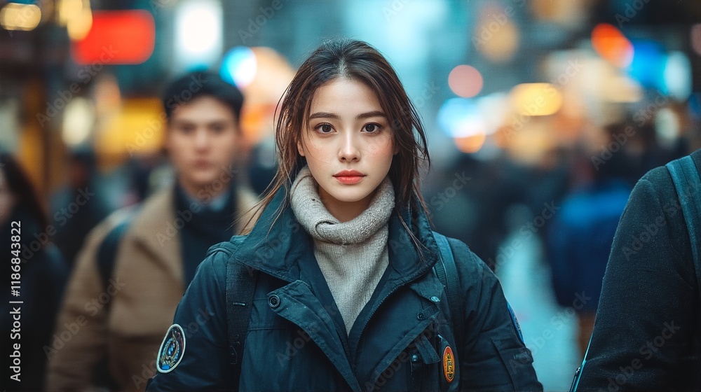 Fototapeta premium A young Asian woman with long hair and dark eyes walks through a crowded city street at night.