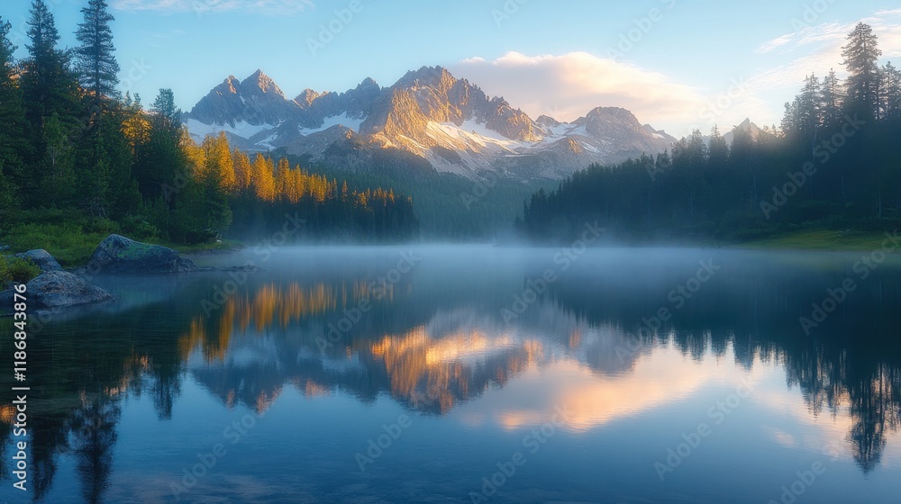 Lake in valley at dawn with mist and golden light Lake in valley at dawn with mist and golden light