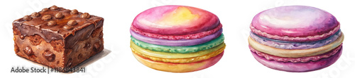 Colorful macarons, rich chocolate dessert, watercolor illustration, sweet treats, bakery art, food design, dessert inspiration.