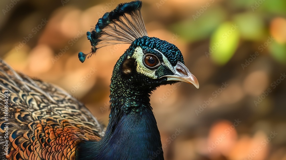 Close-up Portrait of a Majestic Green Peafowl Bird with Detailed Feathers eye blue head avian brown 