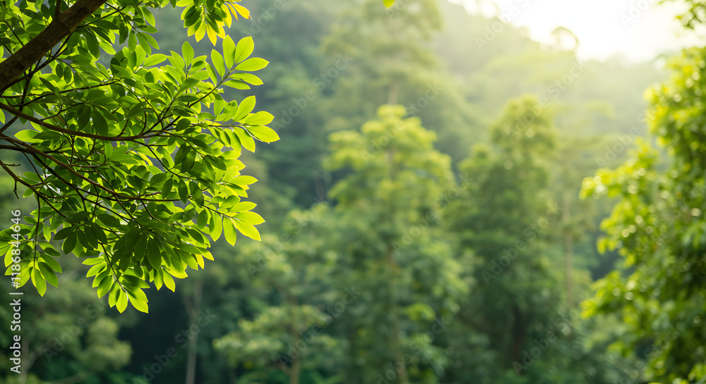 Fototapeta premium Earth Day and World Environment Day, Spring, Tropical tree leaves and branch with beautiful green forest background