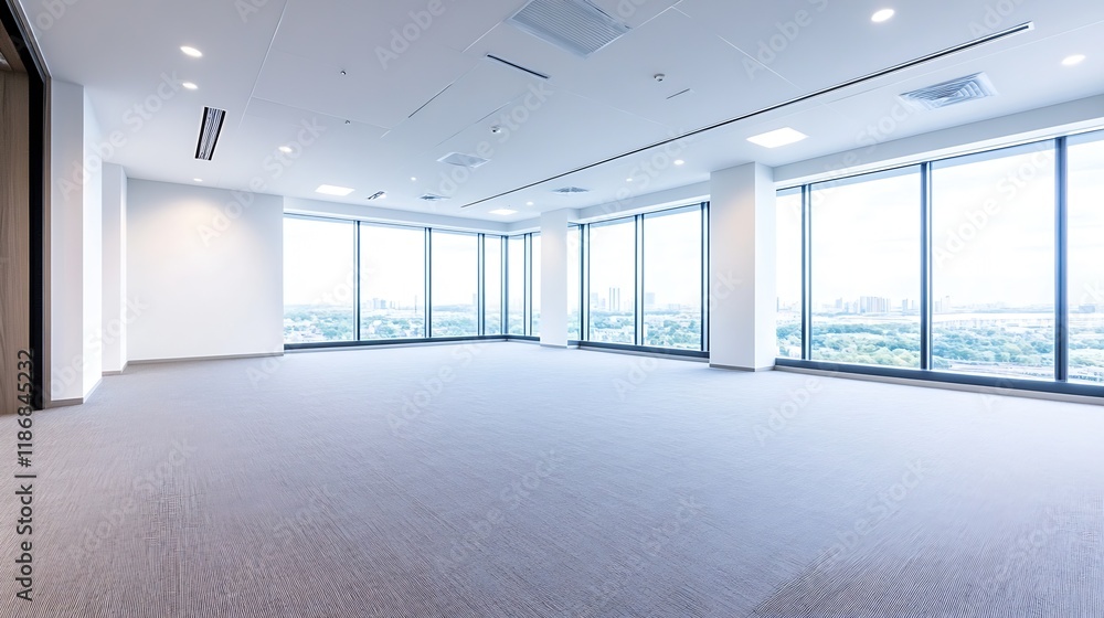 Spacious empty office with large windows offering panoramic city views in a modern building : Generative AI Spacious empty office with large windows offering panoramic city views in a modern building : Generative AI
