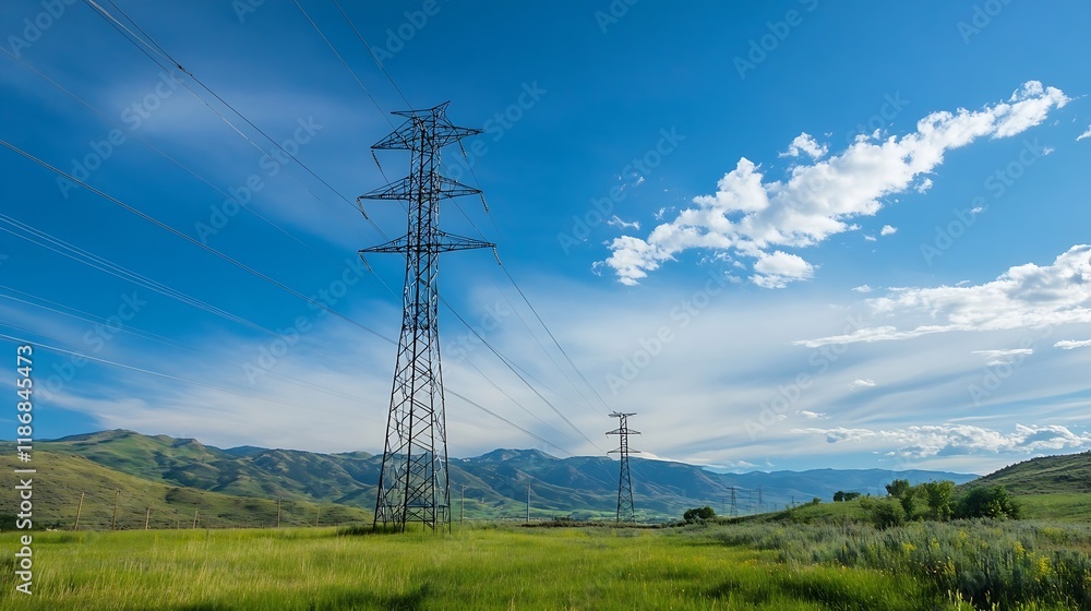 Majestic Power Line Towers Stretching Across Open Green Field Against Blue Sky : Generative AI Majestic Power Line Towers Stretching Across Open Green Field Against Blue Sky : Generative AI