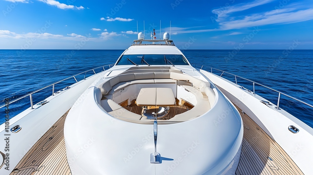 Fototapeta premium Luxury Yacht Deck with Spacious Seating Overlooking Tranquil Blue Ocean Horizon : Generative AI