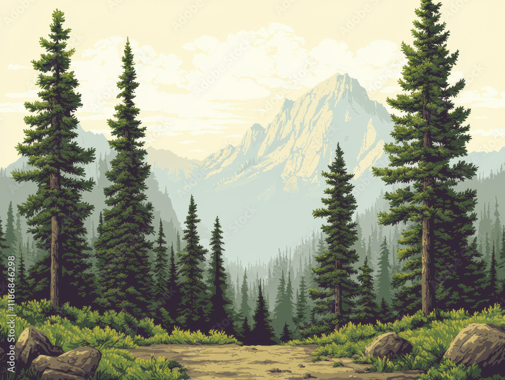 Fototapeta premium Lush forest landscape with mountains in background, serene nature scene