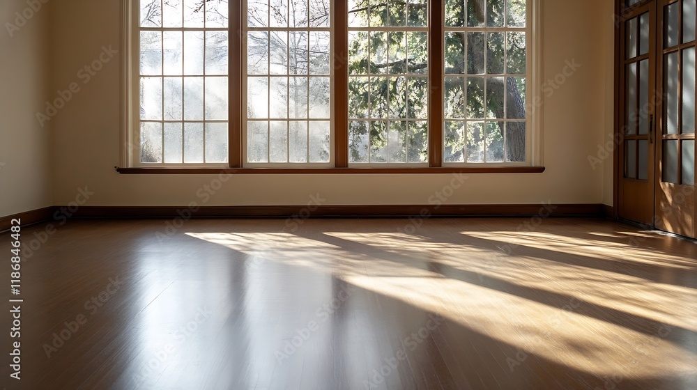 Fototapeta premium Sunlit Empty Room Interior with Large Windows Overlooking Forest in Serene Surroundings : Generative AI