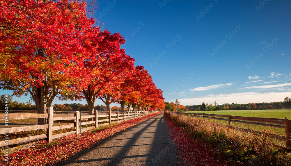 Naklejka premium red autumn foliage explodes in a row of timber on a country lane on a sunny fall day
