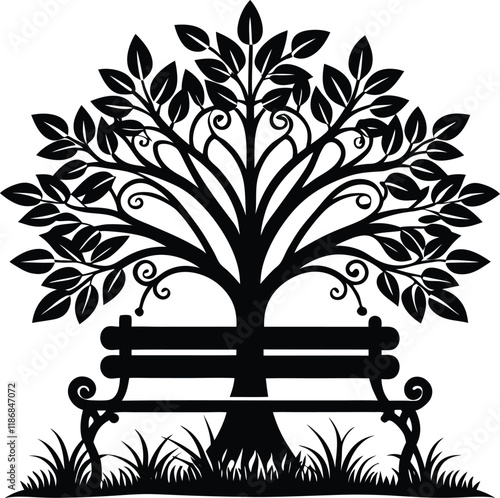 Vintage Park Bench Silhouette Under Tree - Intricate Nature Scene