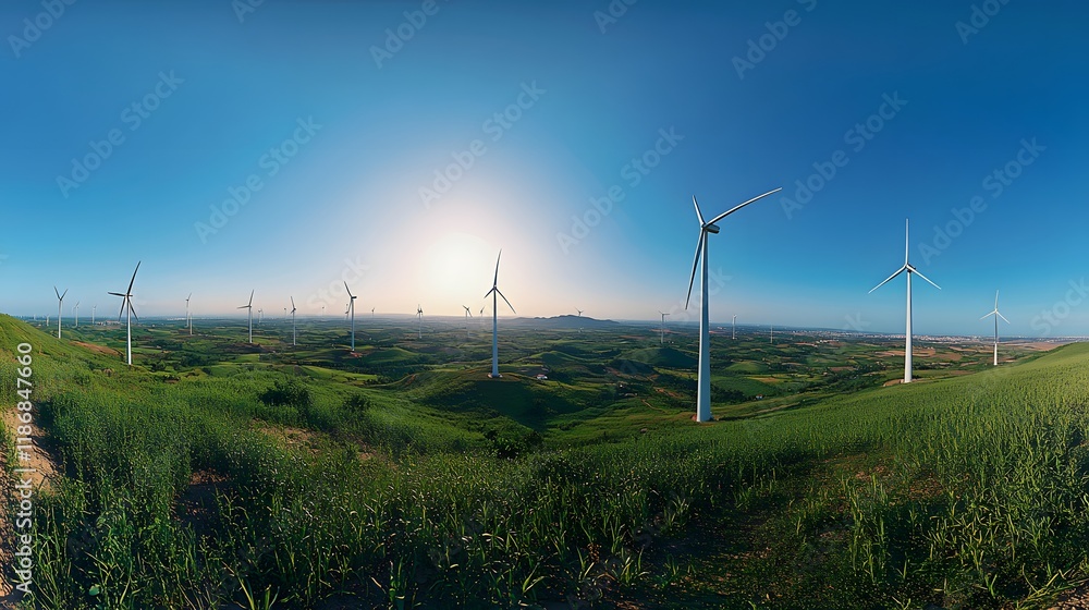 Obraz premium Wind Turbines Generating Clean Energy Across Rolling Green Hills