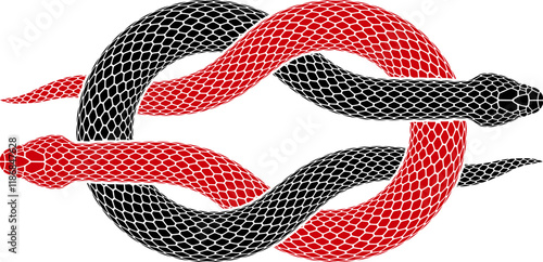 Vector illustration of two snakes intertwined in shape of granny knot sign. Isolated tattoo design of serpent silhouette of grief knot symbol.