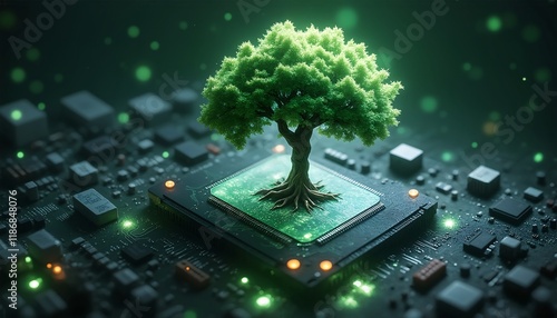 A green tree with its roots and trunk growing out of a computer chip. photo