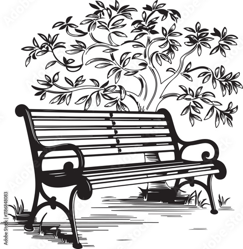 Vintage Park Bench Silhouette Under Tree - Intricate Nature Scene