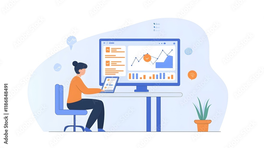 Woman analyzing data on computer and tablet. Modern workspace illustration. Woman analyzing data on computer and tablet. Modern workspace illustration.
