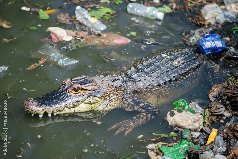 Alligator in Polluted Water with Floating Plastic
Alligator in Polluted Water with Floating Plastic