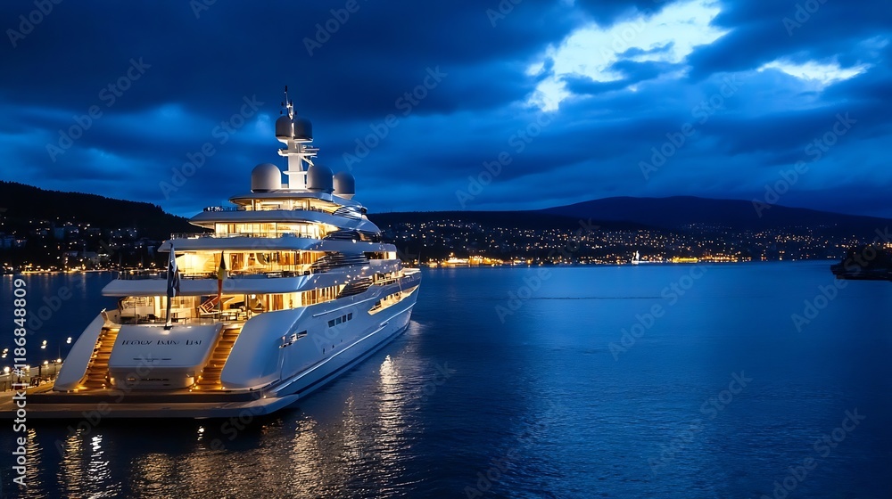 Fototapeta premium Luxurious Private Yacht Moored at Scenic Coastal Harbor during Evening Twilight : Generative AI