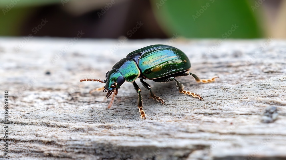 Vibrant Metallic Green Beetle Resting on Weathered Wooden Surface in Nature Close Up : Generative AI Vibrant Metallic Green Beetle Resting on Weathered Wooden Surface in Nature Close Up : Generative AI