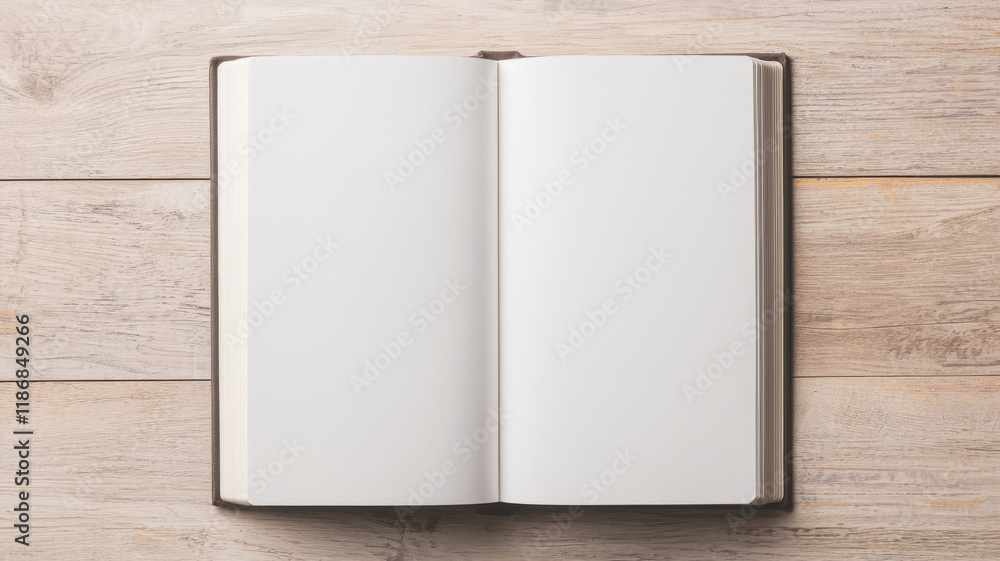 top down view of blank book on wooden surface, inviting creativity top down view of blank book on wooden surface, inviting creativity