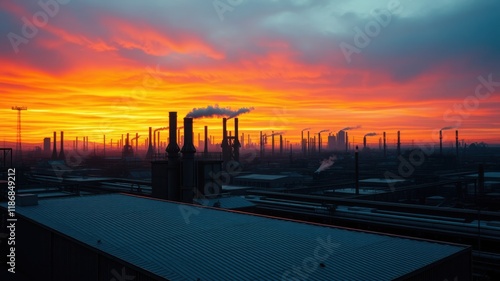 Wallpaper Mural Silhouetted industrial skyline under a fiery sunset, showcasing the stark contrast between nature's beauty and human industry Torontodigital.ca