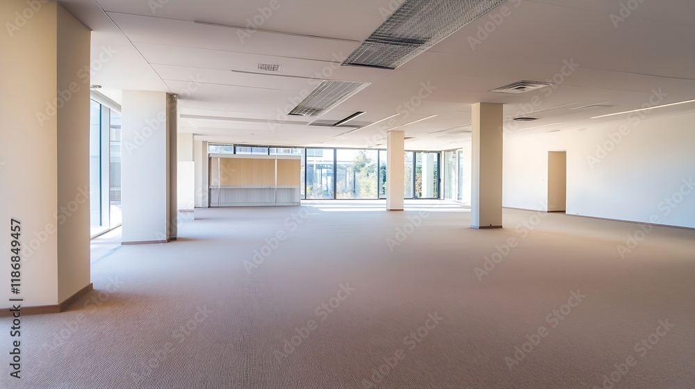 Spacious empty office with carpeted flooring and large windows for natural light : Generative AI Spacious empty office with carpeted flooring and large windows for natural light : Generative AI