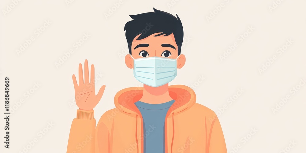 Asian man wearing a hygienic mask demonstrates the importance of social distancing to avoid physical contact with others, promoting safety and awareness in communal environments. Asian man wearing a hygienic mask demonstrates the importance of social distancing to avoid physical contact with others, promoting safety and awareness in communal environments.