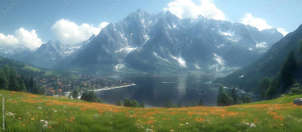 Naklejka premium Alpine Lake Village: Serene Mountain Vista in Vivid Sunlight