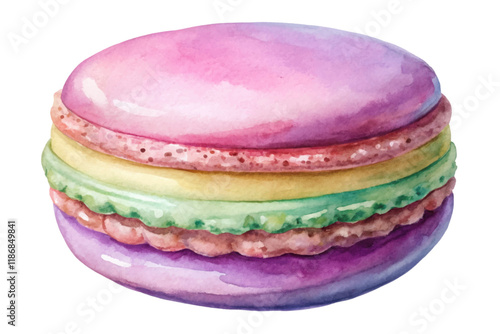 Colorful macaroon illustration, vibrant watercolor style, sweet dessert art, bakery decoration, food photography.