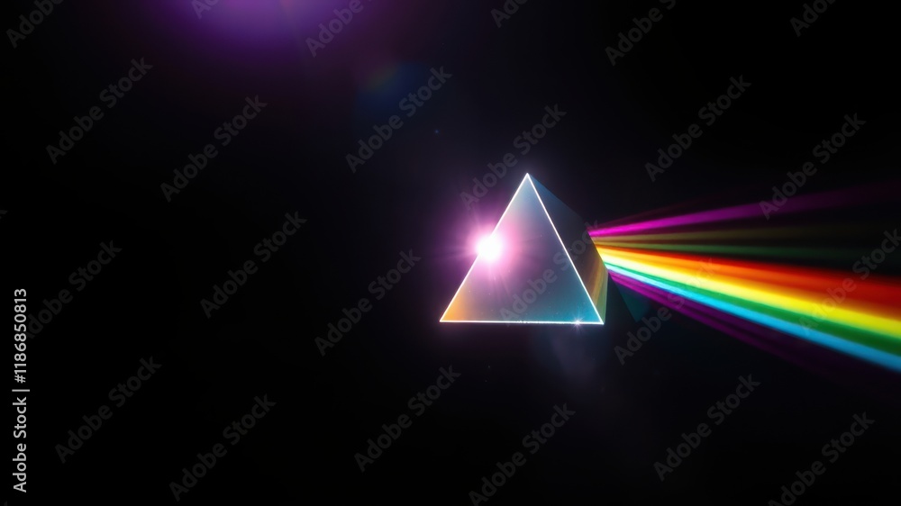 A triangular prism refracts a beam of light, splitting it into a rainbow of colors, a visual representation of the spectrum of light. A triangular prism refracts a beam of light, splitting it into a rainbow of colors, a visual representation of the spectrum of light.