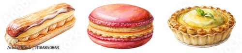 Colorful pastry illustrations, gourmet desserts, watercolor style, delicious treats, bakery art, sweet indulgence.
