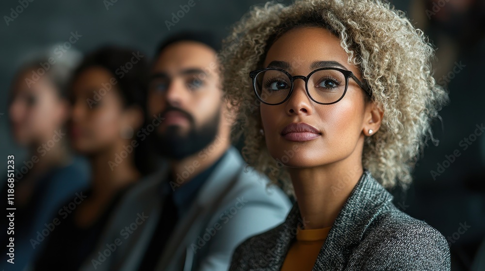 Obraz premium Professional woman with curly hair and glasses engaged in a business meeting with diverse colleagues in background